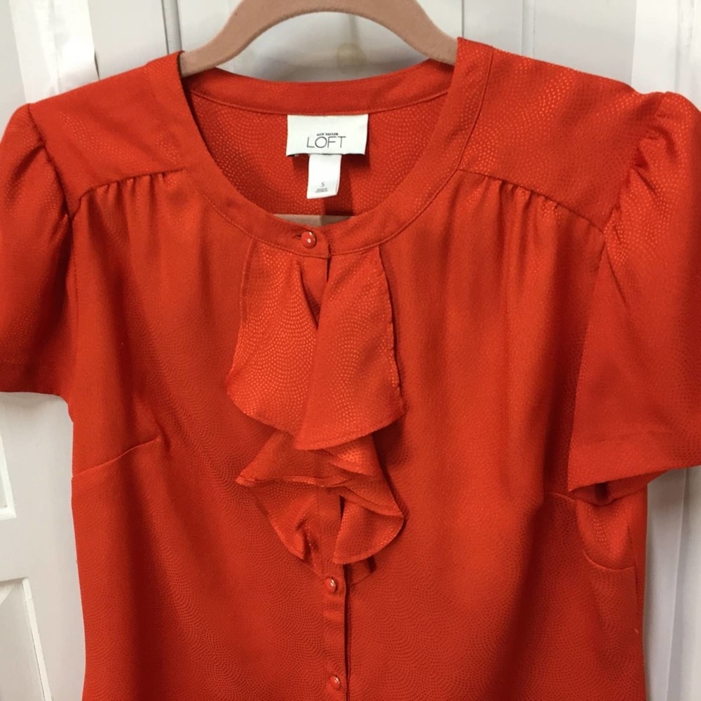 LOFT Orange Button Down Blouse w/ Ruffle Detail - Picture 11 of 16